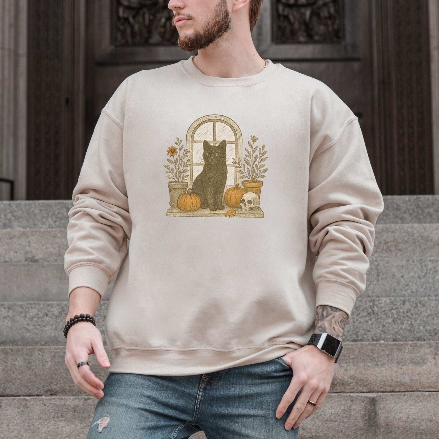 Black Cat Window Sweatshirt – Spooky Autumn Halloween Vibes