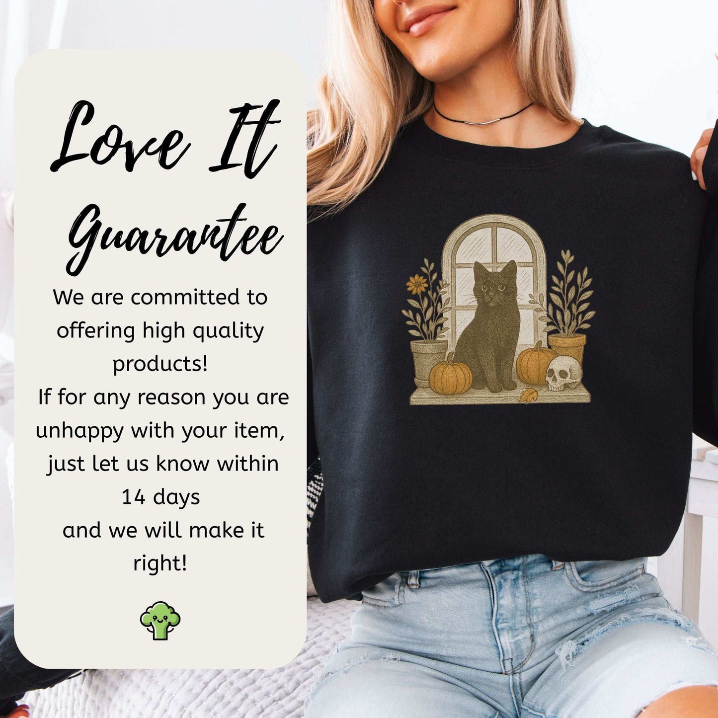 Black Cat Window Sweatshirt – Spooky Autumn Halloween Vibes