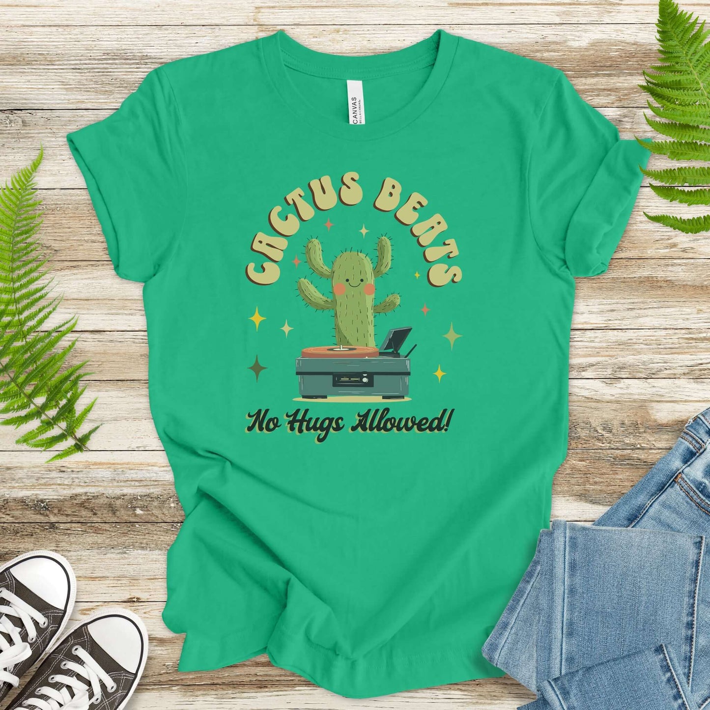 Funny Retro DJ Cactus T-Shirt with graphic design, featuring a cactus DJ and the phrase 'No Hugs Allowed!'