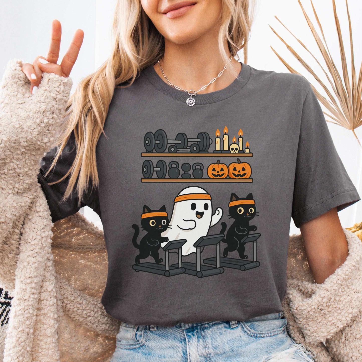 Haunted Gym Ghost & Cats T-Shirt – Spooky Workout Squad Tee