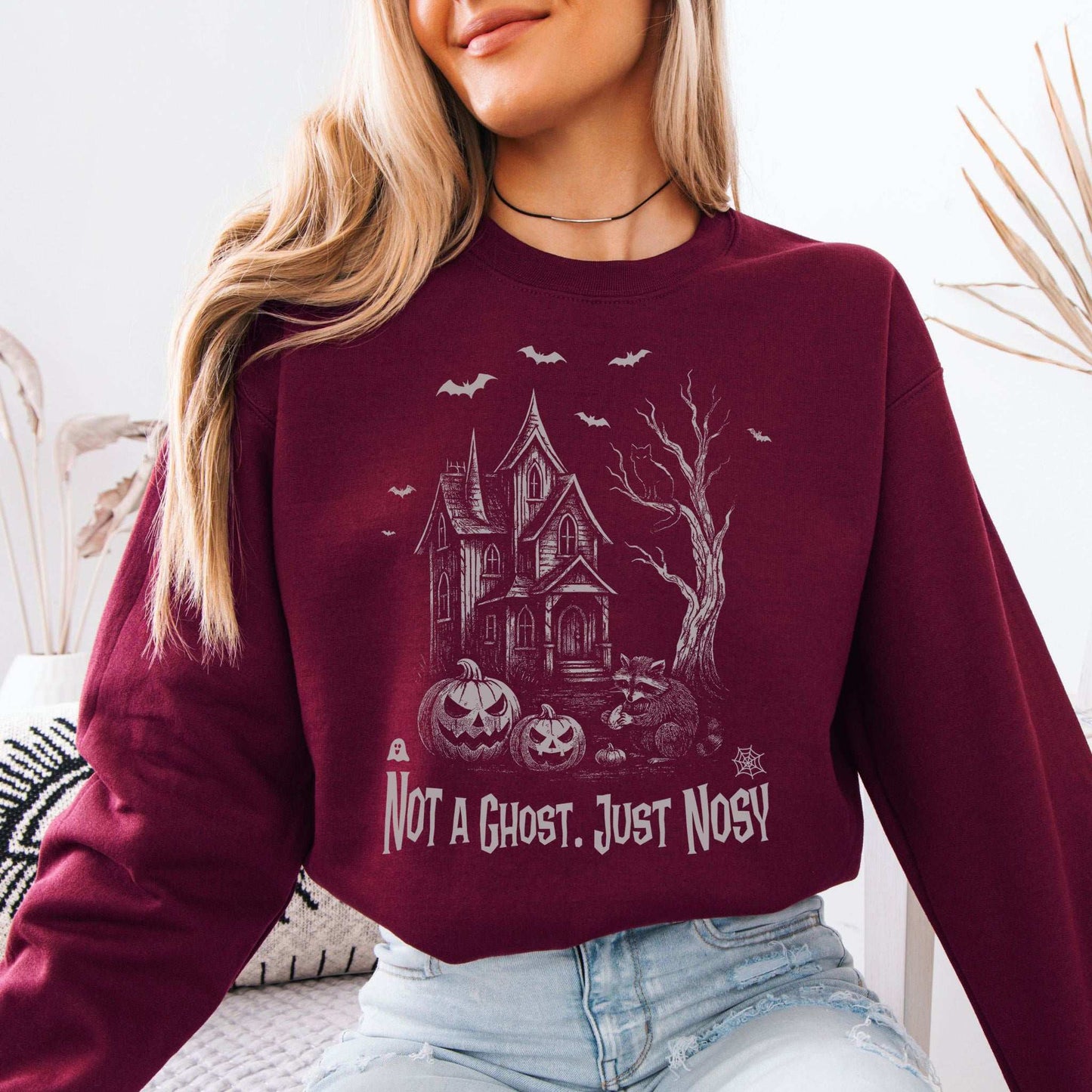 Haunted House Raccoon Sweatshirt – Nosy Ghostly Halloween Vibes