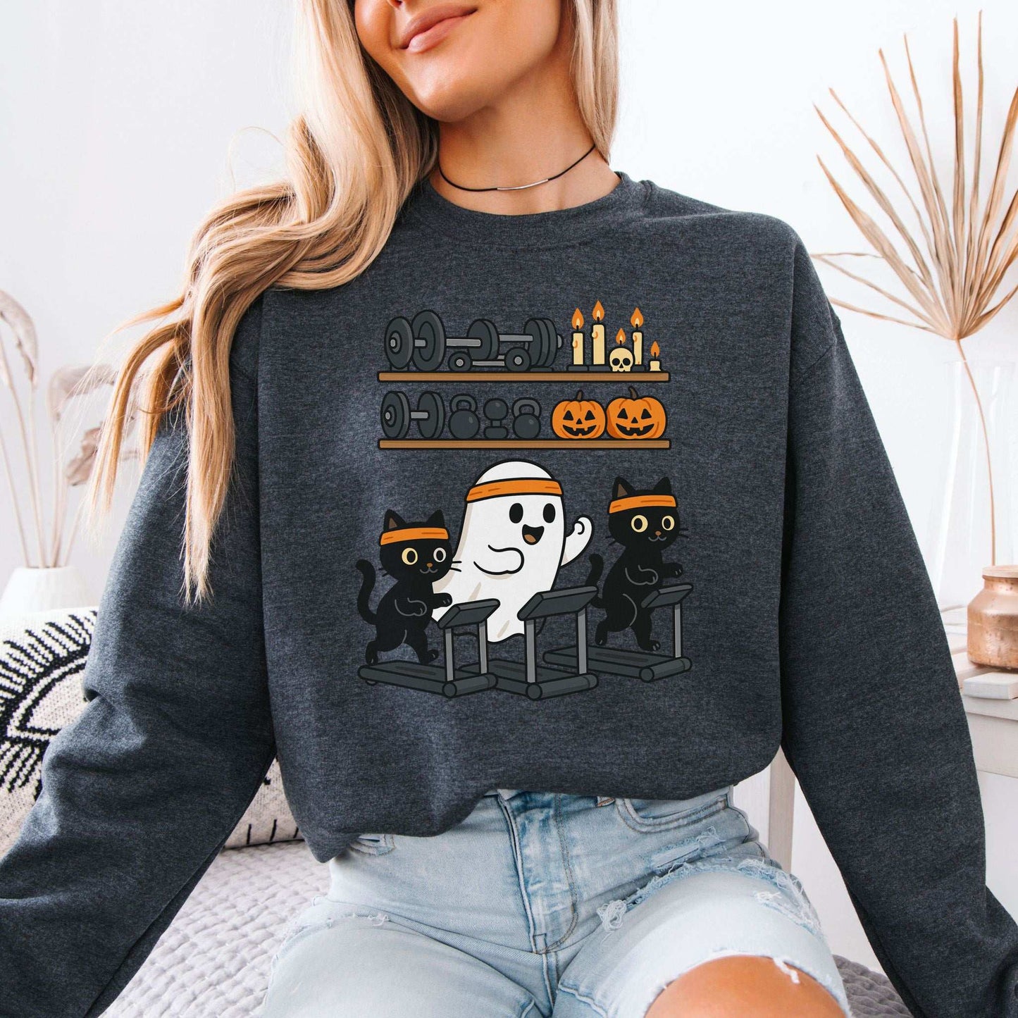 Haunted Gym Ghost & Cats Sweatshirt – Spooky Workout Squad Goals