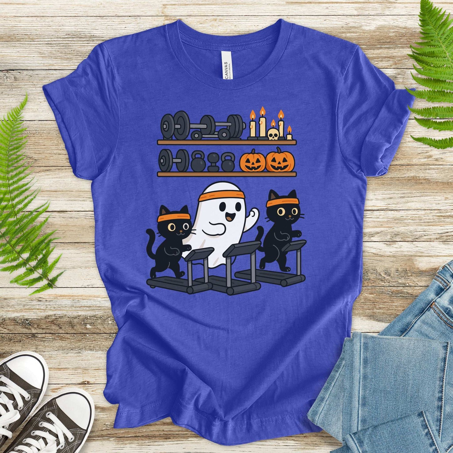 Haunted Gym Ghost & Cats T-Shirt – Spooky Workout Squad Tee