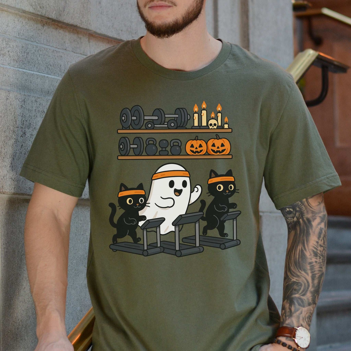 Haunted Gym Ghost & Cats T-Shirt – Spooky Workout Squad Tee