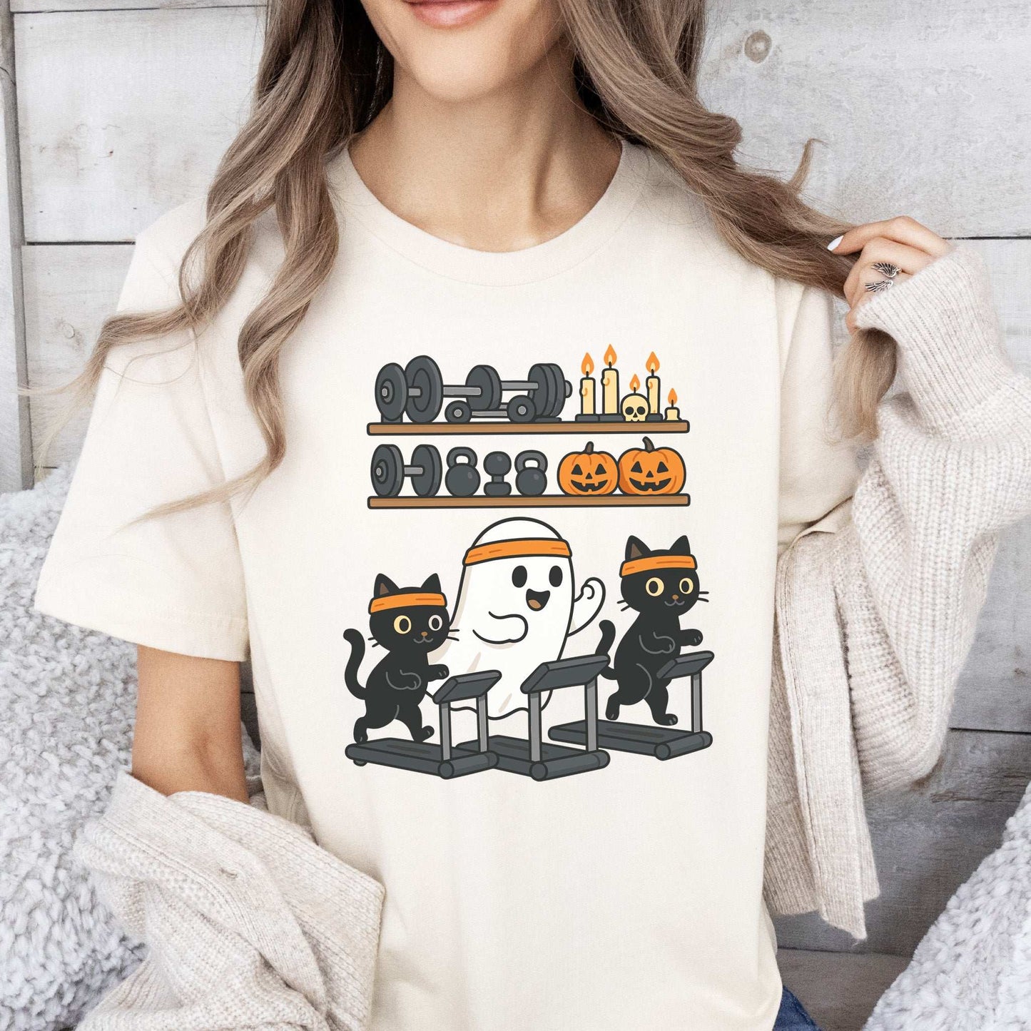 Haunted Gym Ghost & Cats T-Shirt – Spooky Workout Squad Tee