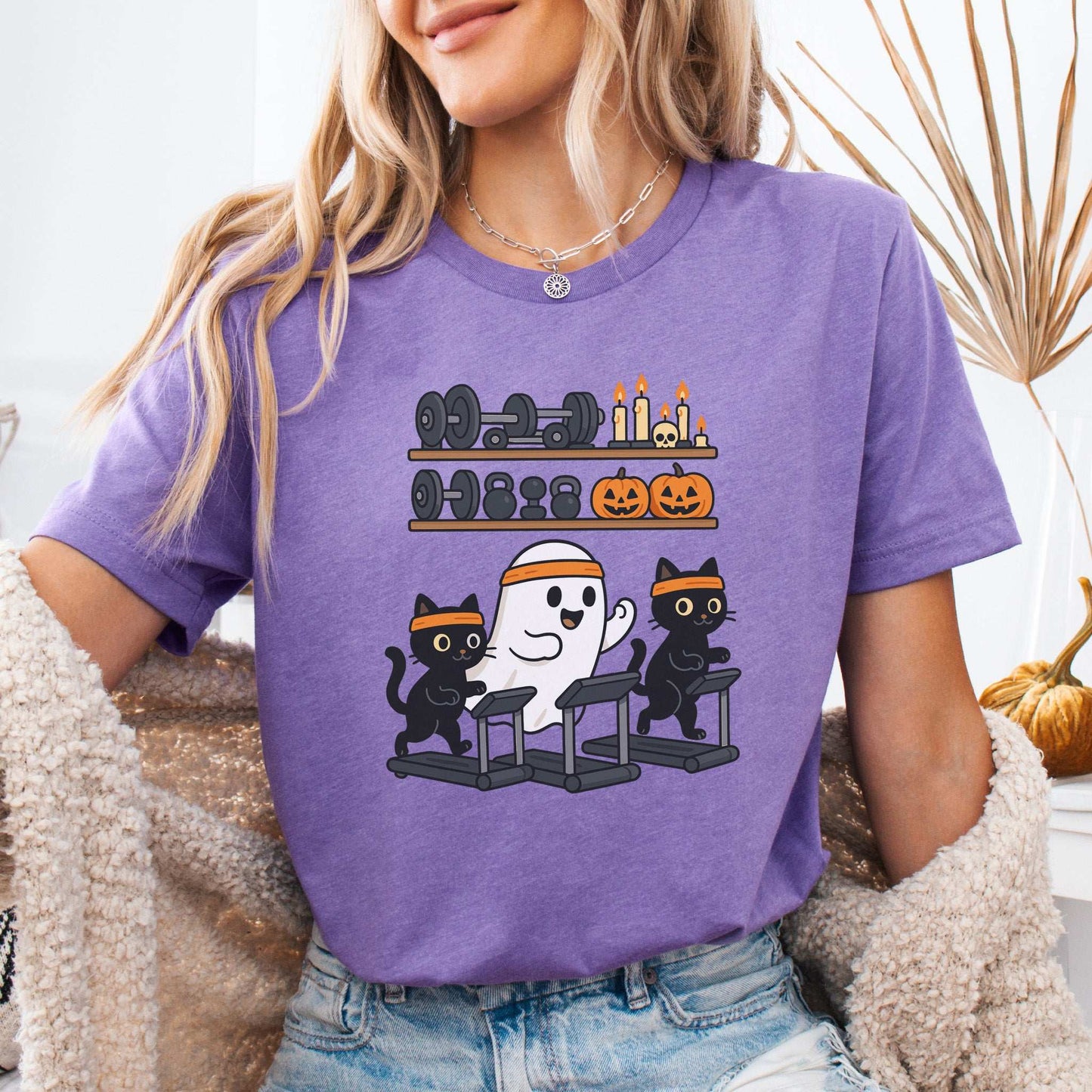 Haunted Gym Ghost & Cats T-Shirt – Spooky Workout Squad Tee