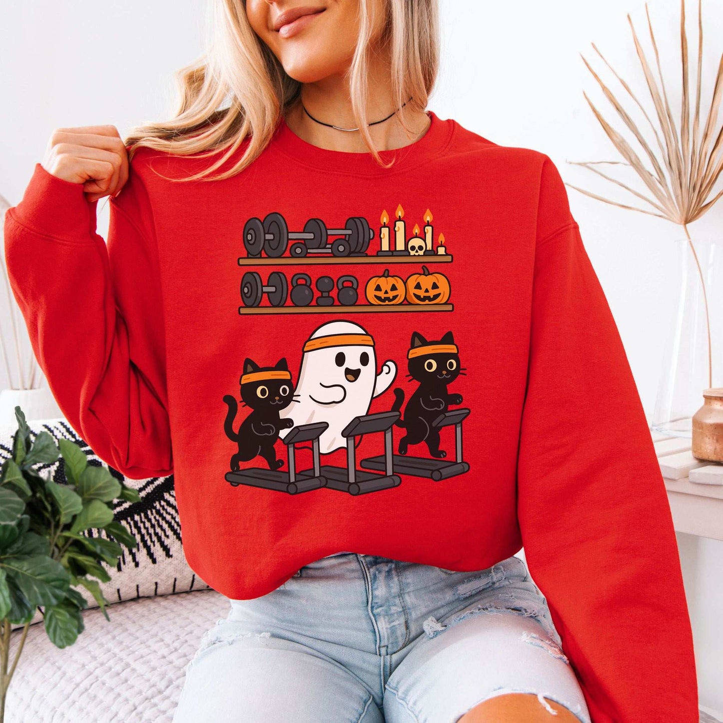 Haunted Gym Ghost & Cats Sweatshirt – Spooky Workout Squad Goals