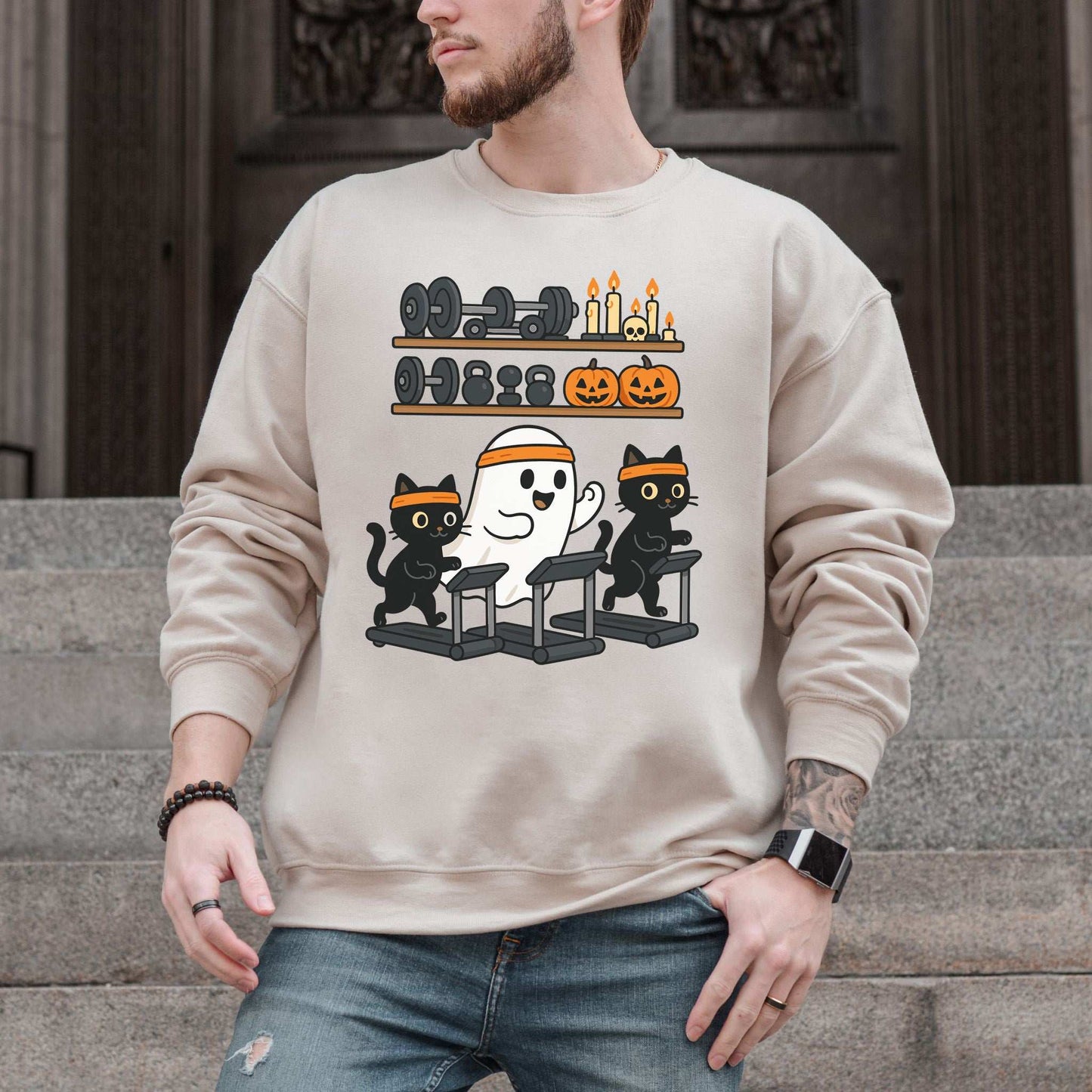 Haunted Gym Ghost & Cats Sweatshirt – Spooky Workout Squad Goals