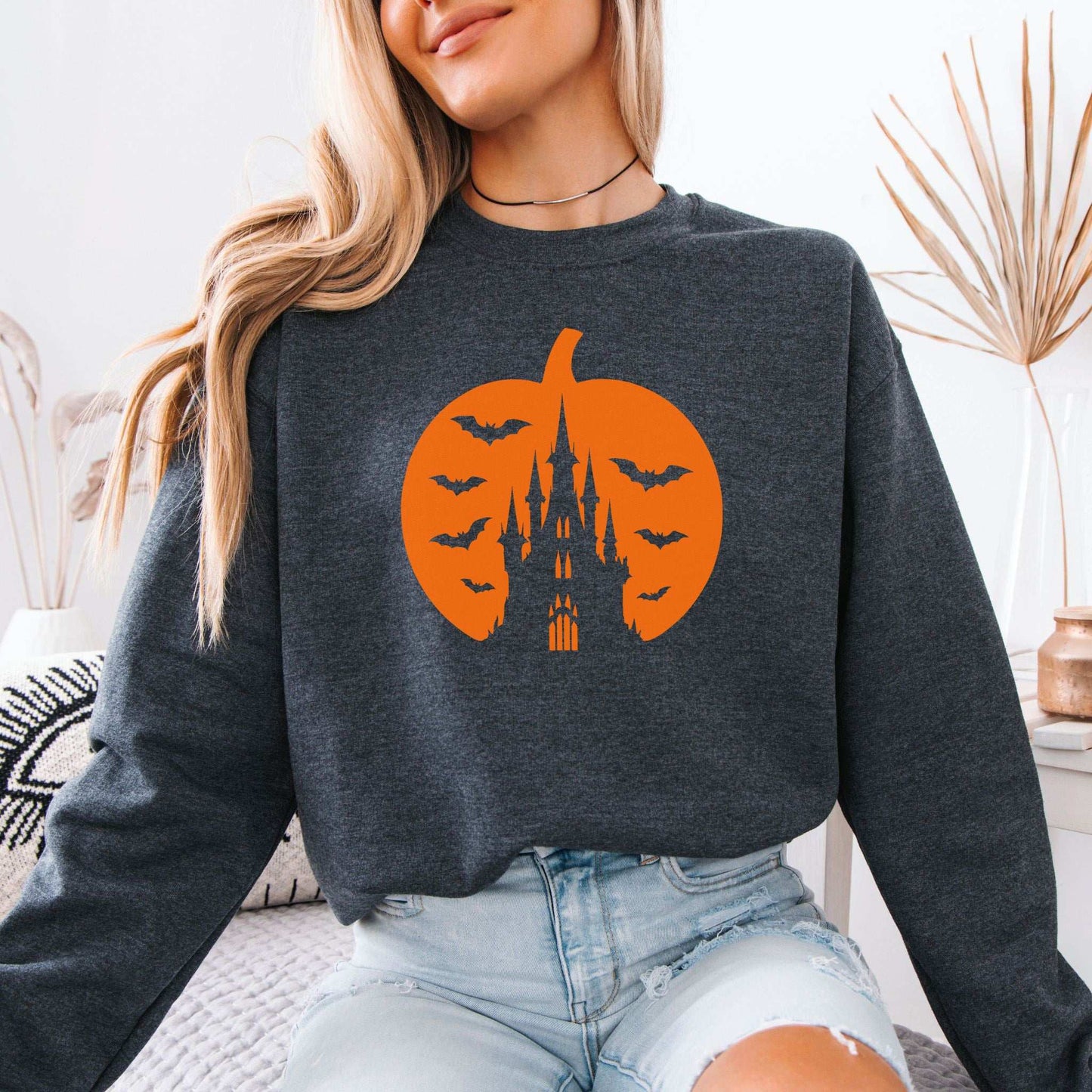 Haunted Pumpkin Castle Sweatshirt – Gothic Halloween Bat & Spooky Vibes