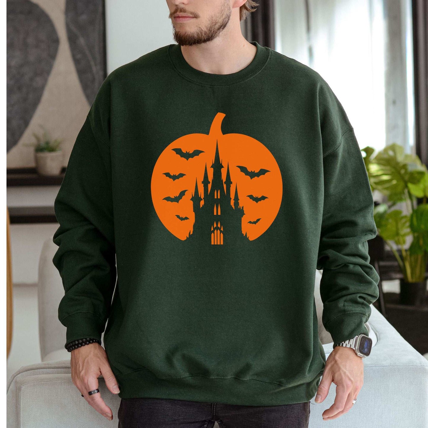 Haunted Pumpkin Castle Sweatshirt – Gothic Halloween Bat & Spooky Vibes