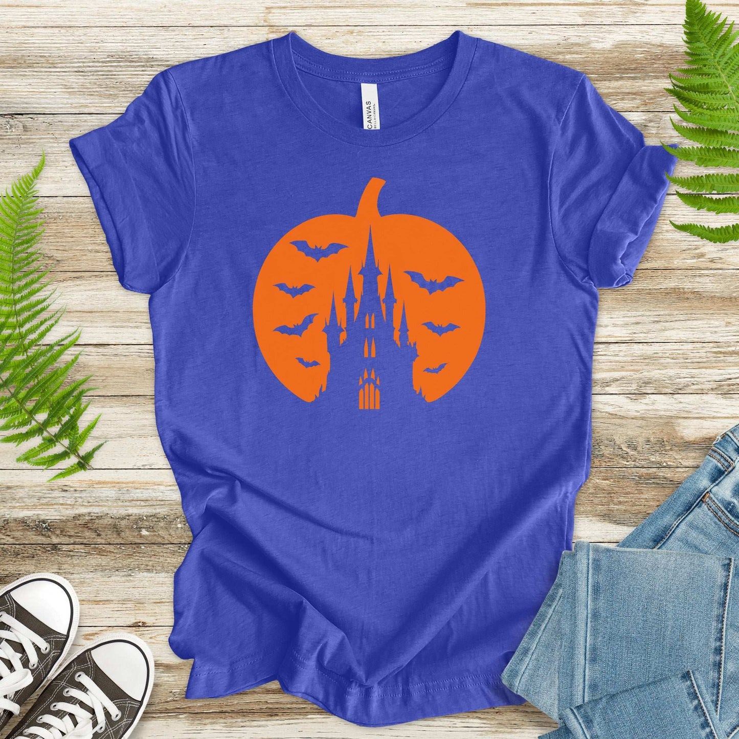 Haunted Pumpkin Castle T-Shirt – Gothic Halloween Bat & Spooky Vibes Tee
