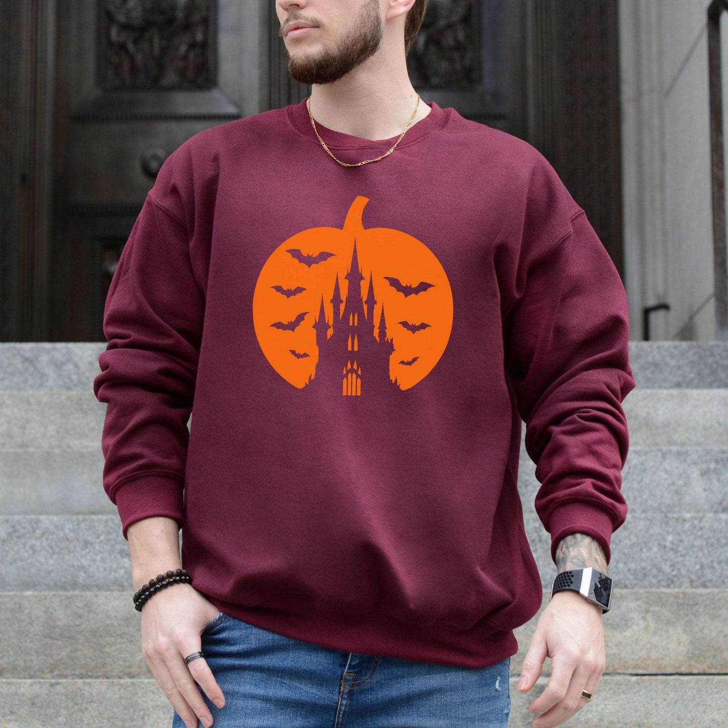 Haunted Pumpkin Castle Sweatshirt – Gothic Halloween Bat & Spooky Vibes