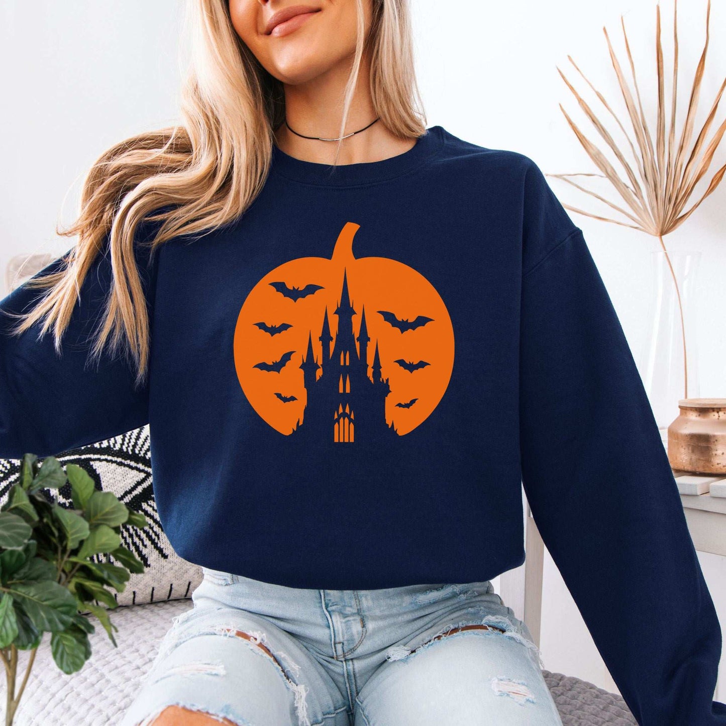 Haunted Pumpkin Castle Sweatshirt – Gothic Halloween Bat & Spooky Vibes