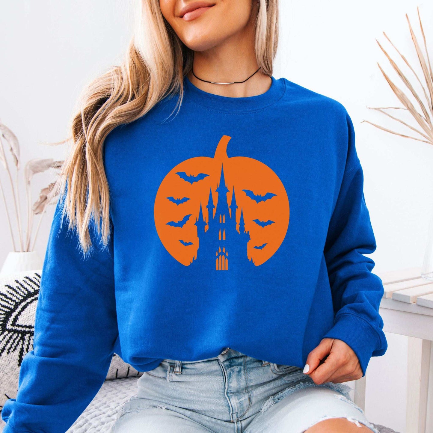Haunted Pumpkin Castle Sweatshirt – Gothic Halloween Bat & Spooky Vibes