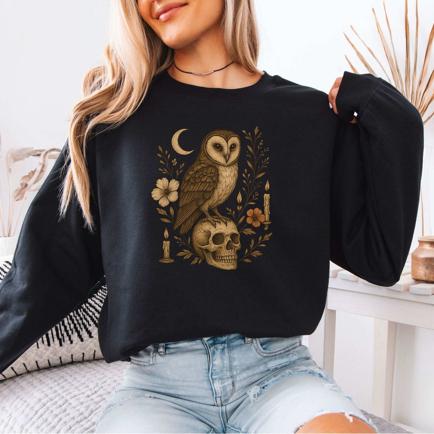 Haunting Owl & Skull Sweatshirt – Gothic Moonlit Autumn Vibes