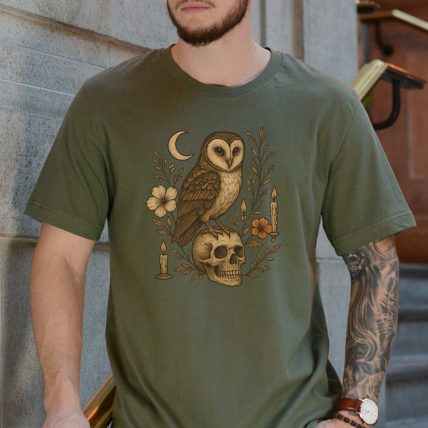 Haunting Owl & Skull T-Shirt – Gothic Moonlit Autumn Vibes