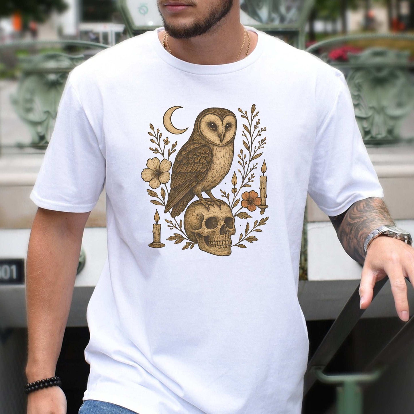 Haunting Owl & Skull T-Shirt – Gothic Moonlit Autumn Vibes