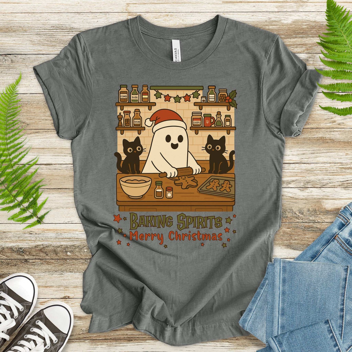 Baking Spirits Ghost & Cats T-Shirt – Cute Gingerbread Christmas Tee