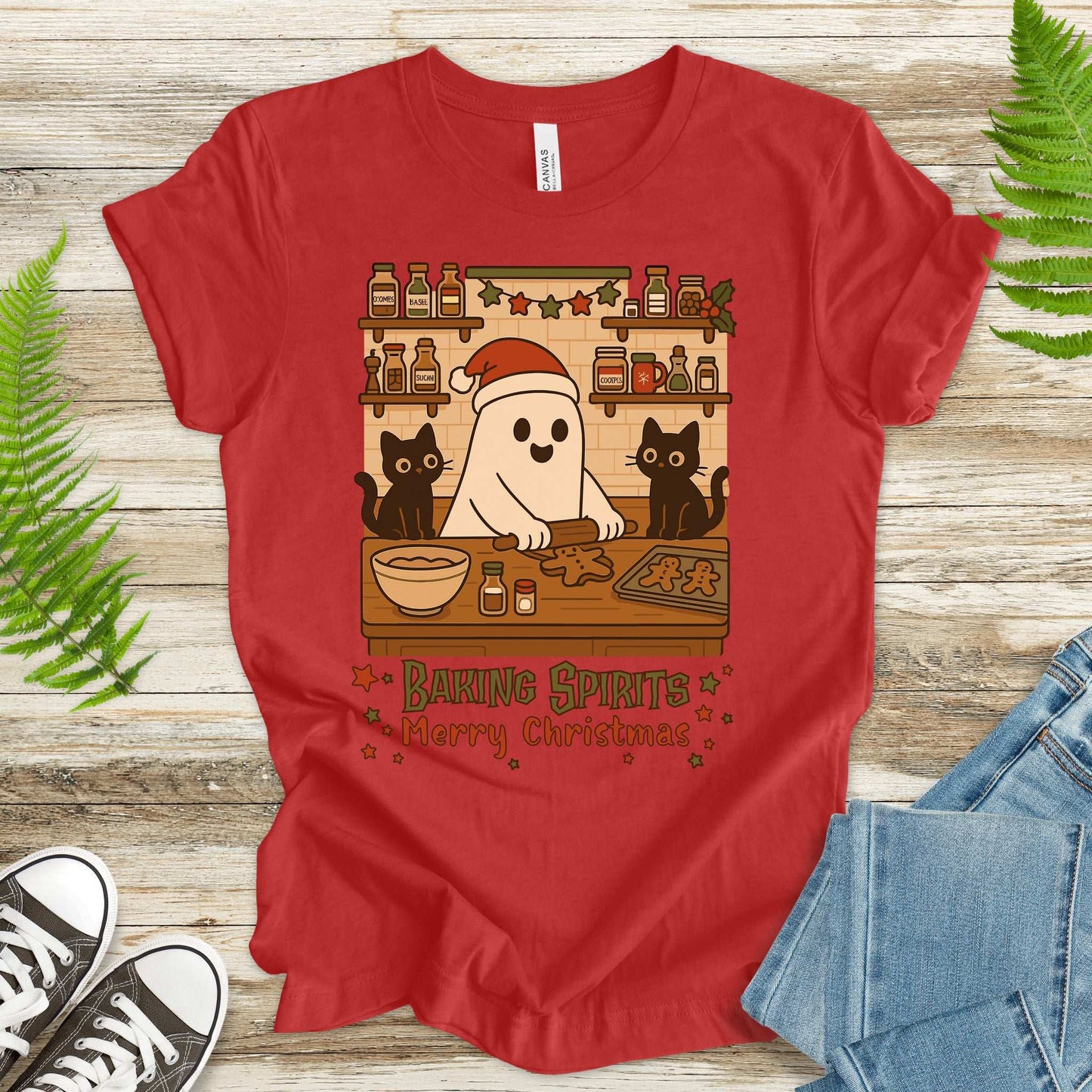 Baking Spirits Ghost & Cats T-Shirt – Cute Gingerbread Christmas Tee