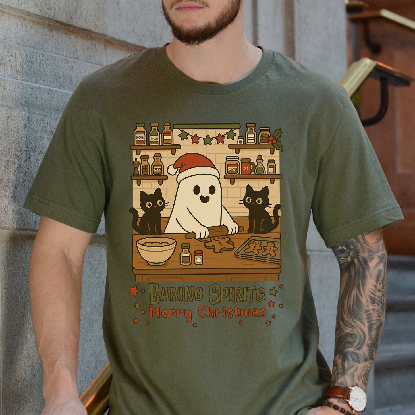 Baking Spirits Ghost & Cats T-Shirt – Cute Gingerbread Christmas Tee