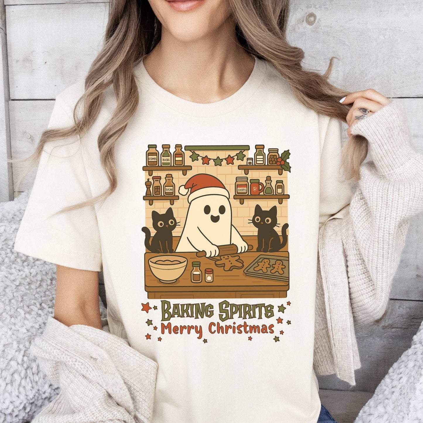 Baking Spirits Ghost & Cats T-Shirt – Cute Gingerbread Christmas Tee