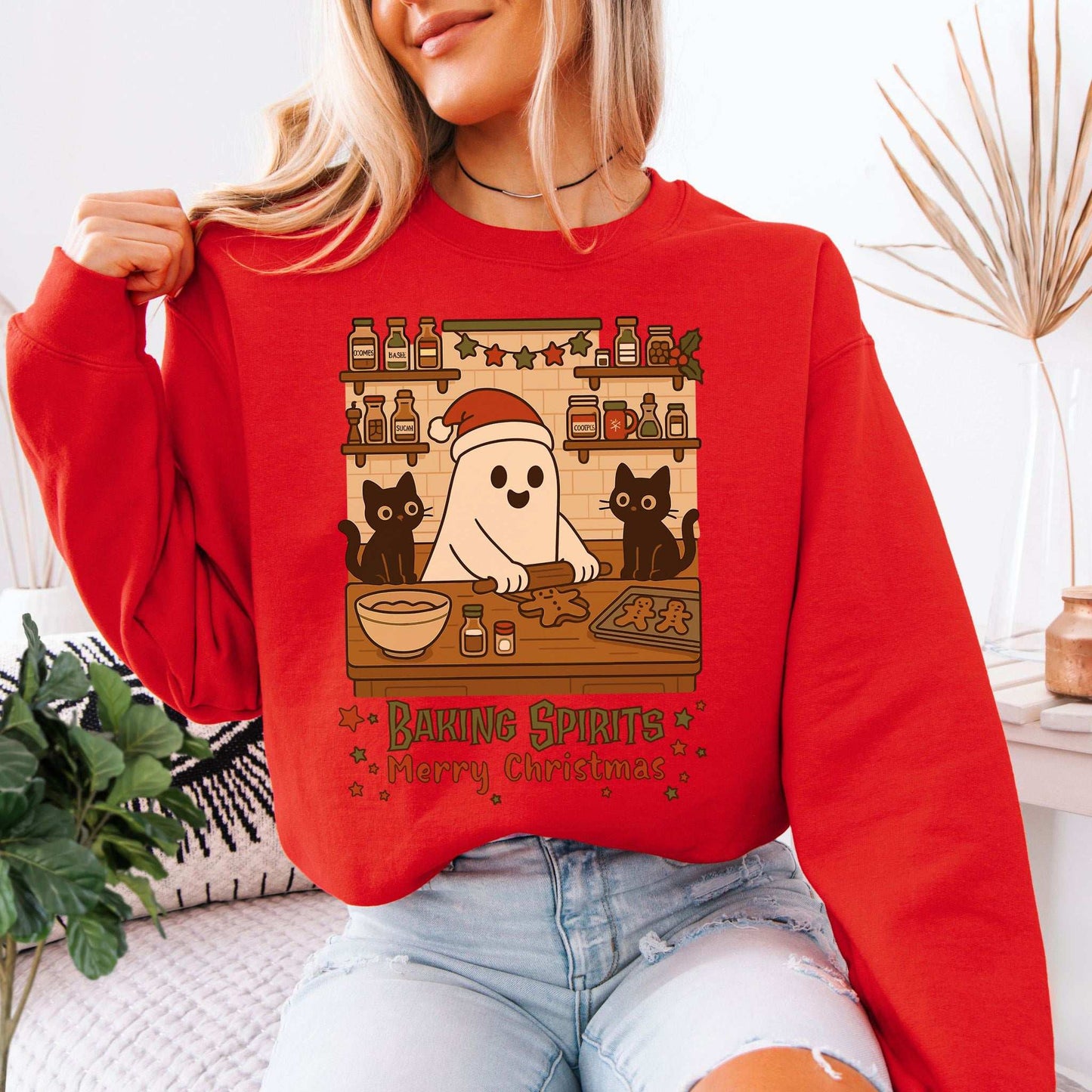 Baking Spirits Ghost & Cats Sweatshirt – Cute Gingerbread Christmas Vibes
