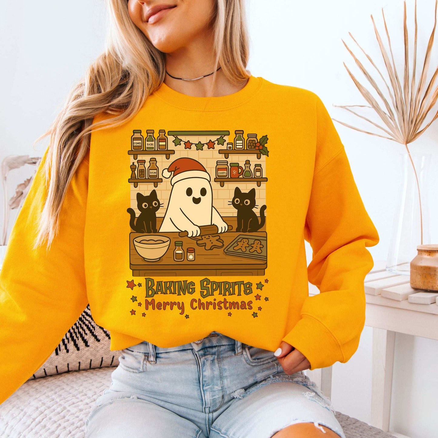 Baking Spirits Ghost & Cats Sweatshirt – Cute Gingerbread Christmas Vibes