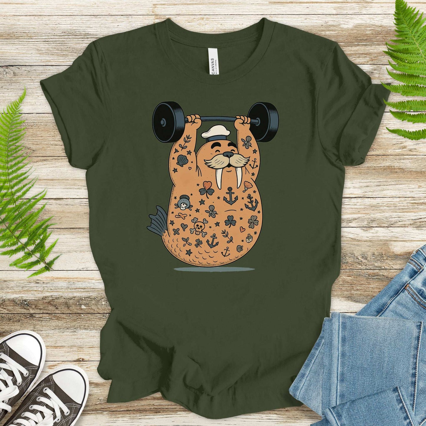 Tattooed Walrus Lifting T-Shirt – Funny Gym Sailor Sea Animal Tee