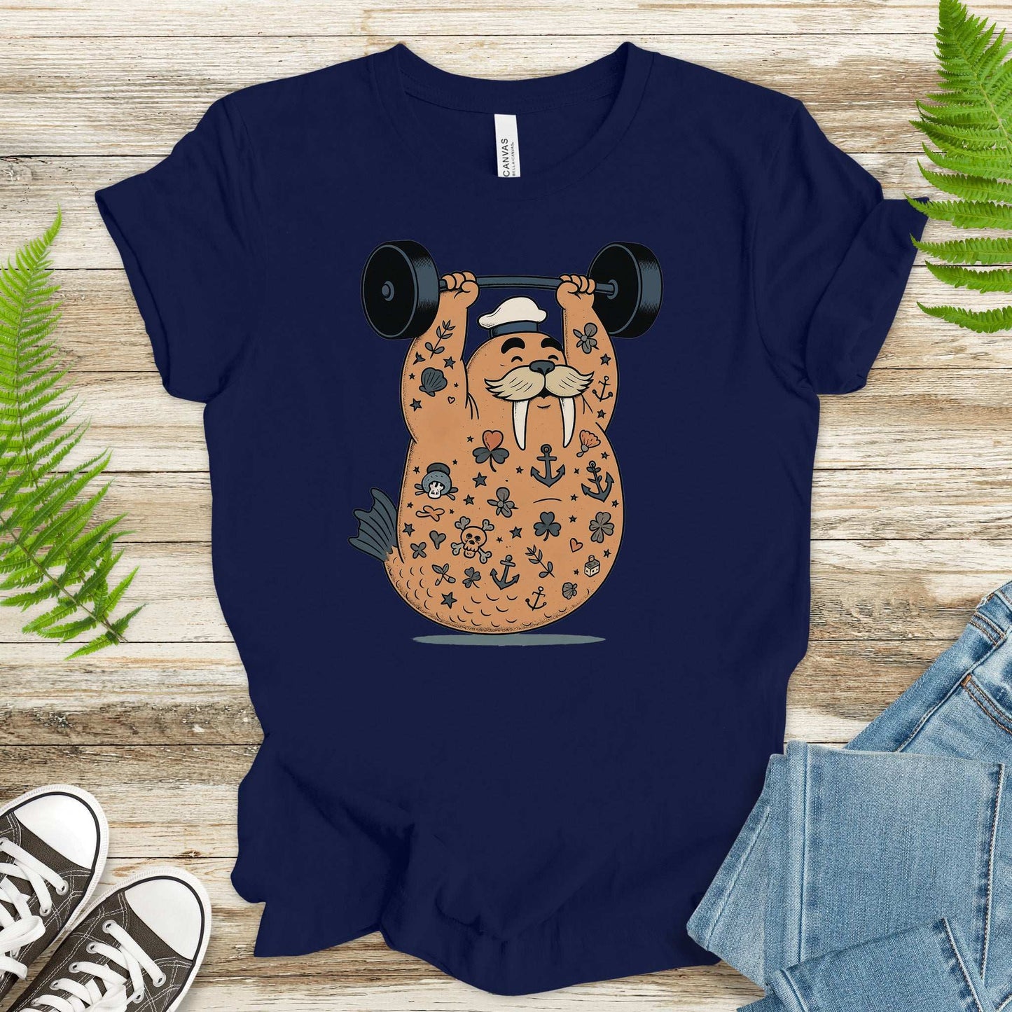 Tattooed Walrus Lifting T-Shirt – Funny Gym Sailor Sea Animal Tee