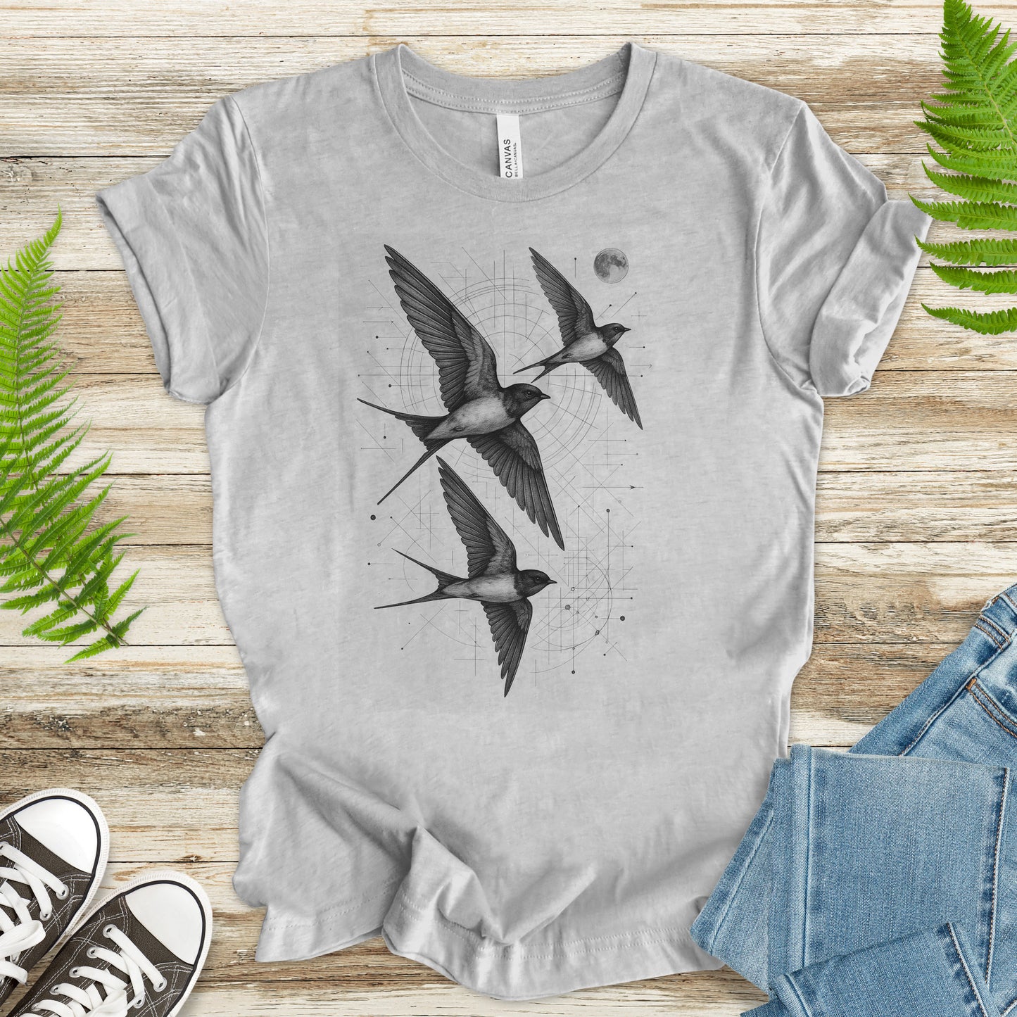 Vintage Swallow Flight T-Shirt – Geometric Bird Art Spirit Tee