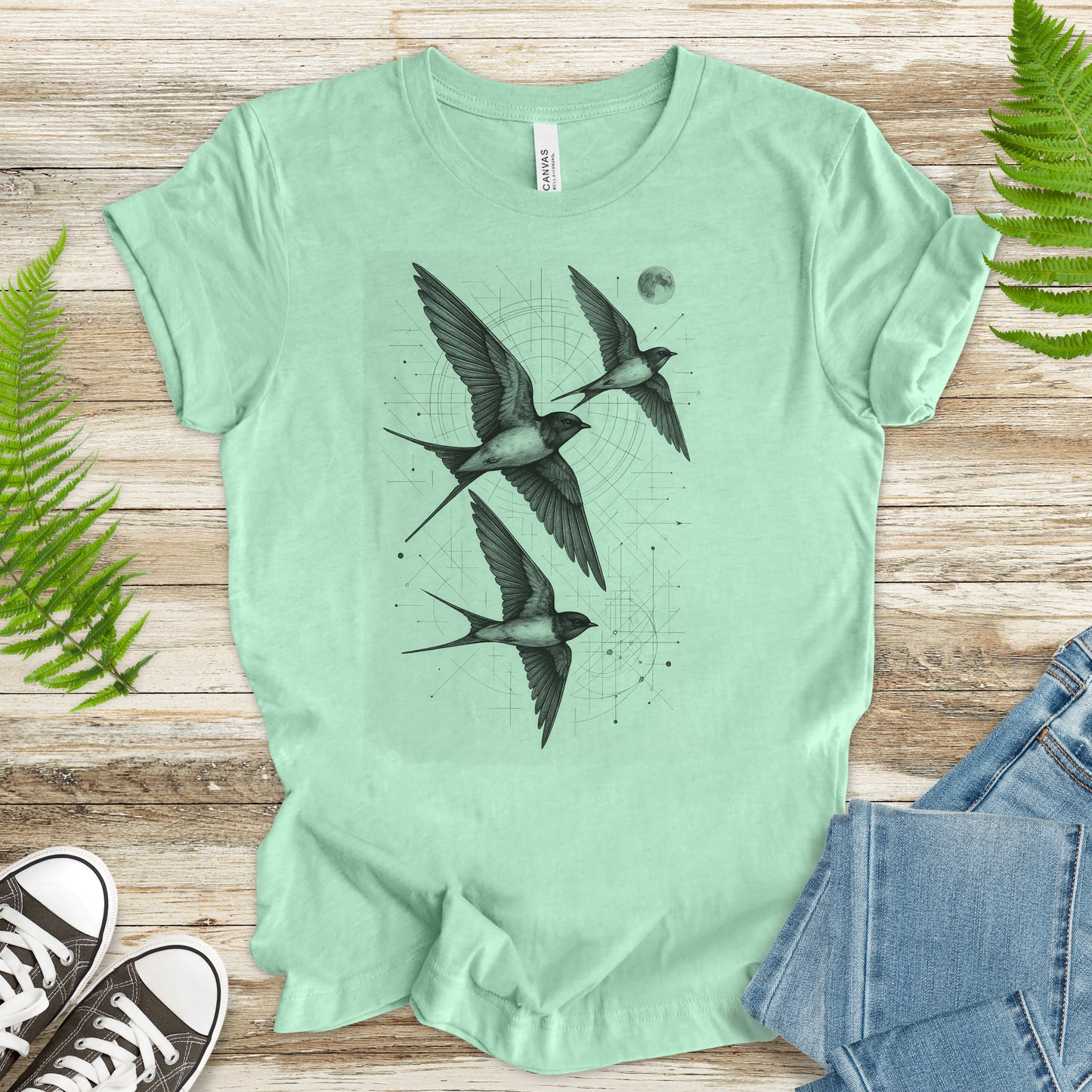 Vintage Swallow Flight T-Shirt – Geometric Bird Art Spirit Tee