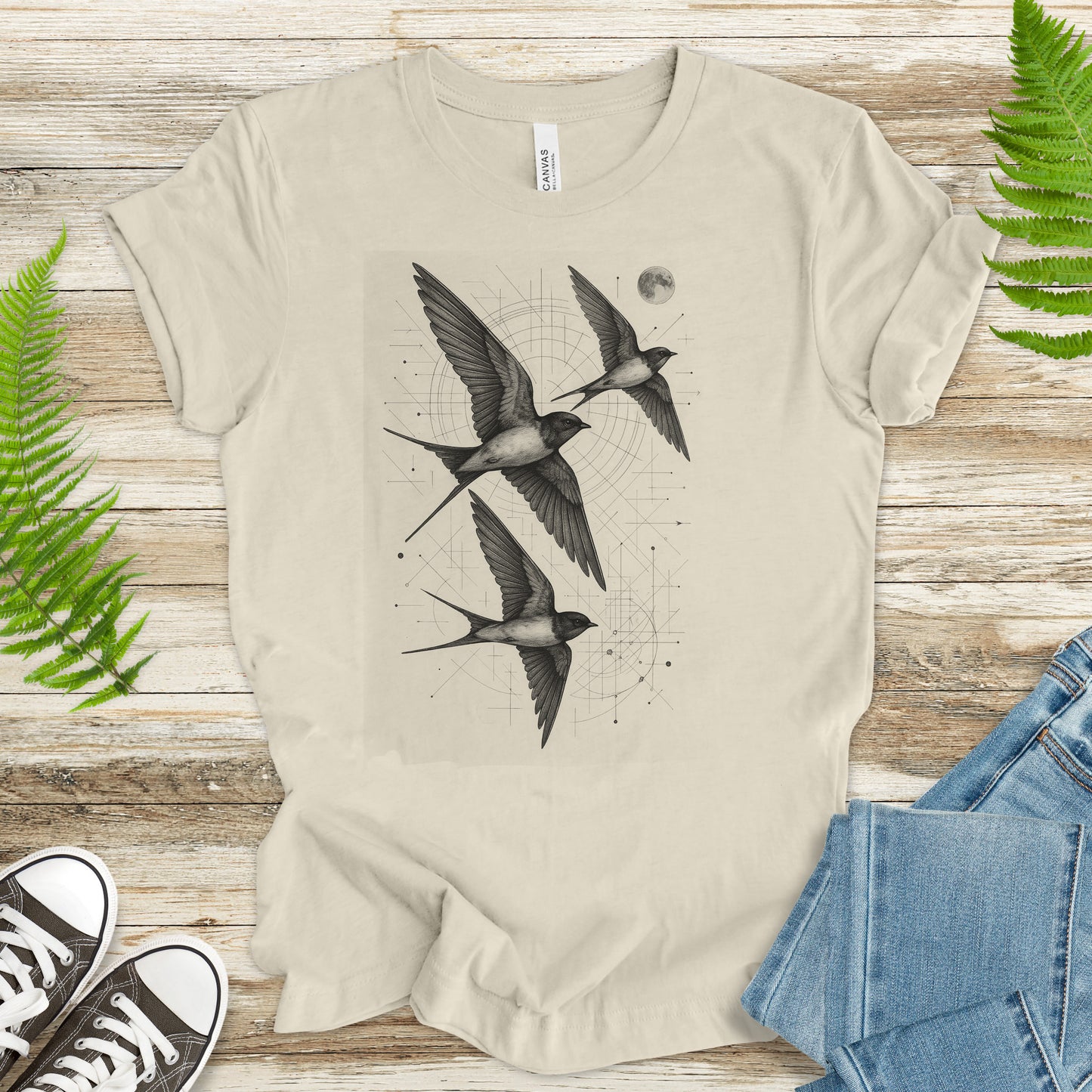 Vintage Swallow Flight T-Shirt – Geometric Bird Art Spirit Tee