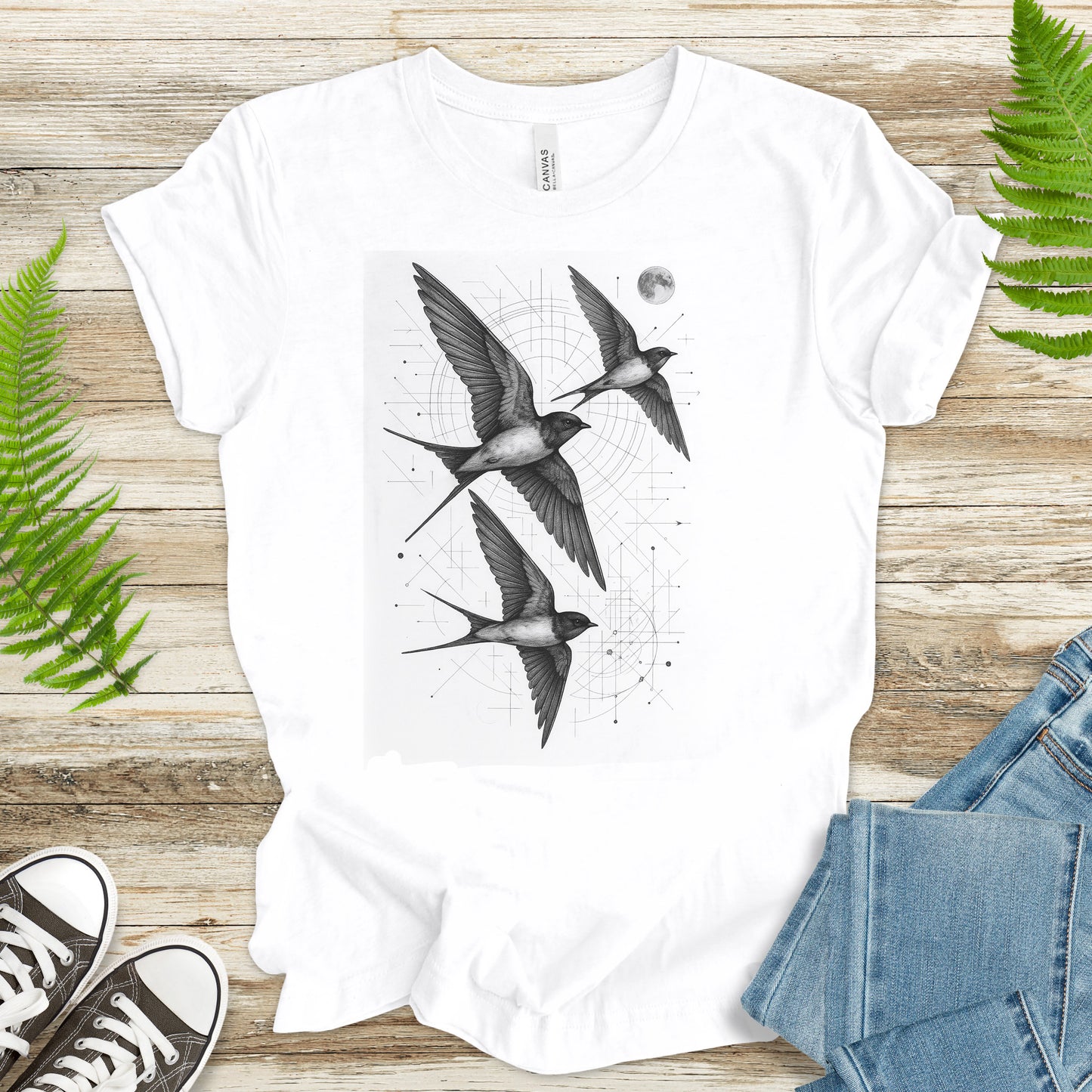 Vintage Swallow Flight T-Shirt – Geometric Bird Art Spirit Tee