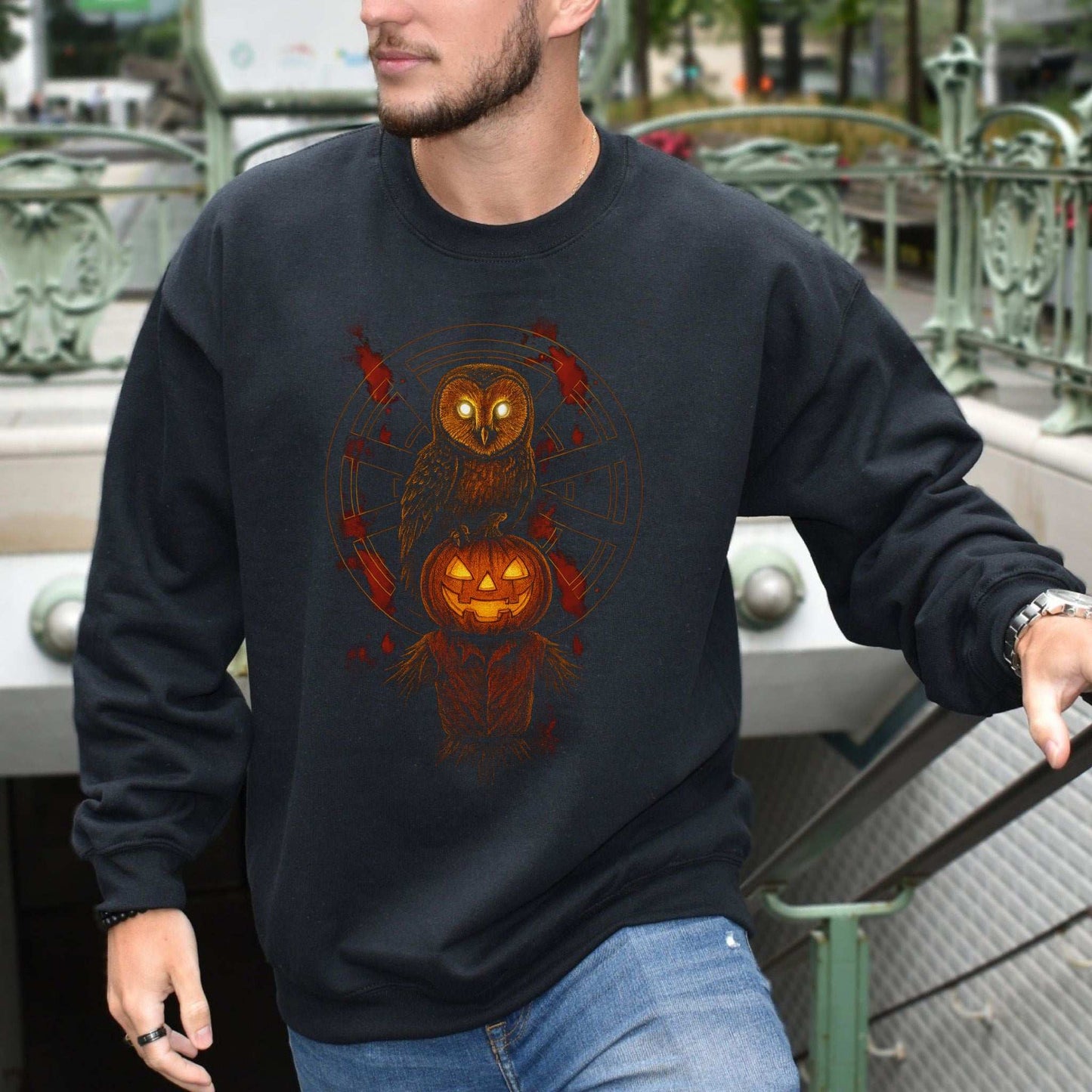 Jack & The Watcher Sweatshirt – Gothic Owl & Pumpkinhead Horror Vibes