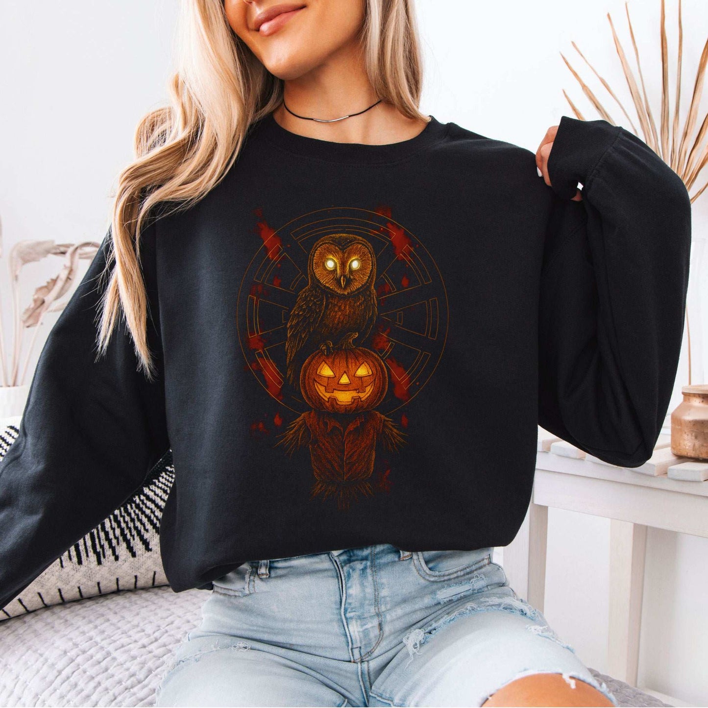 Jack & The Watcher Sweatshirt – Gothic Owl & Pumpkinhead Horror Vibes
