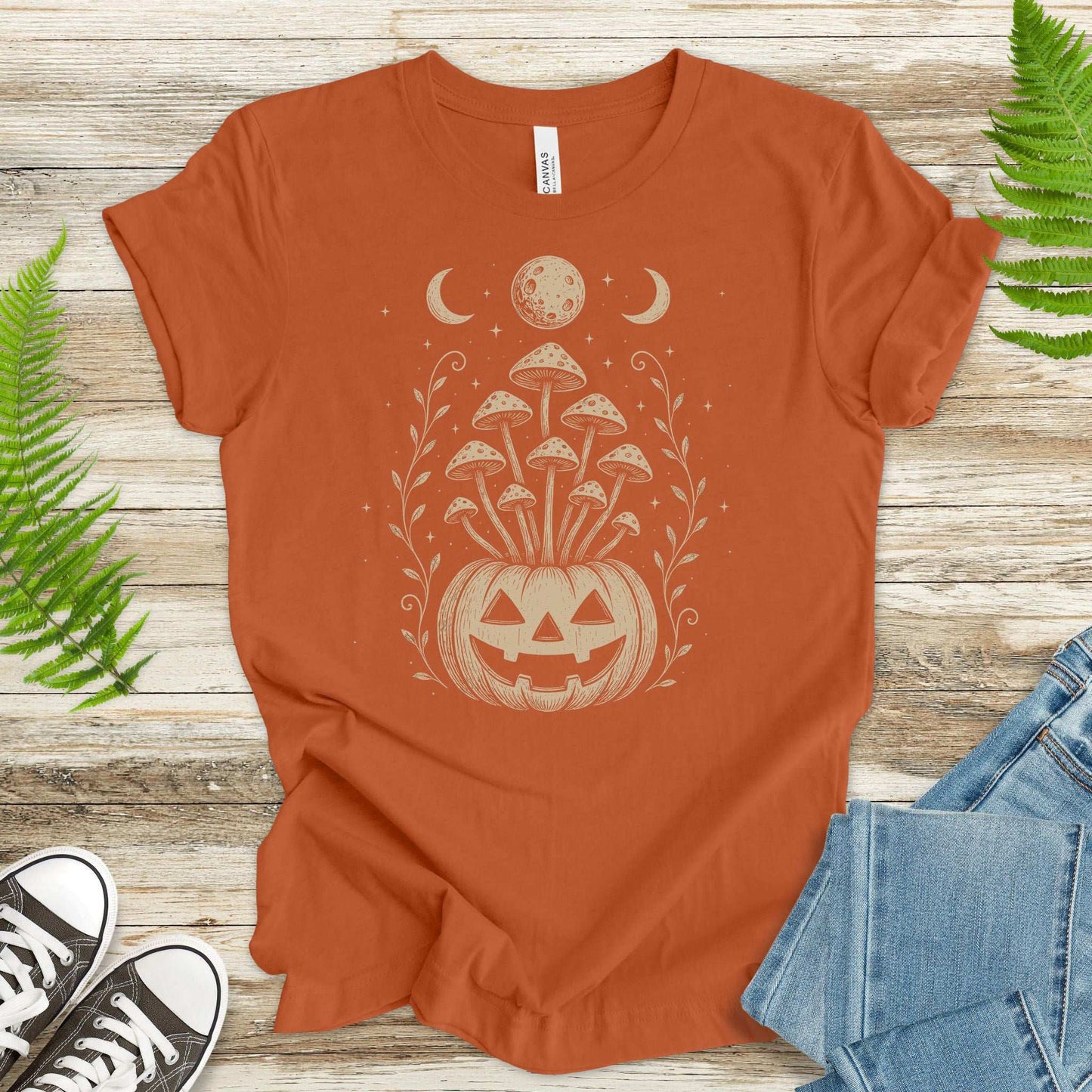 Mushroom Jack-O’-Lantern Halloween T-Shirt – Retro Moonlit Pumpkin Magic