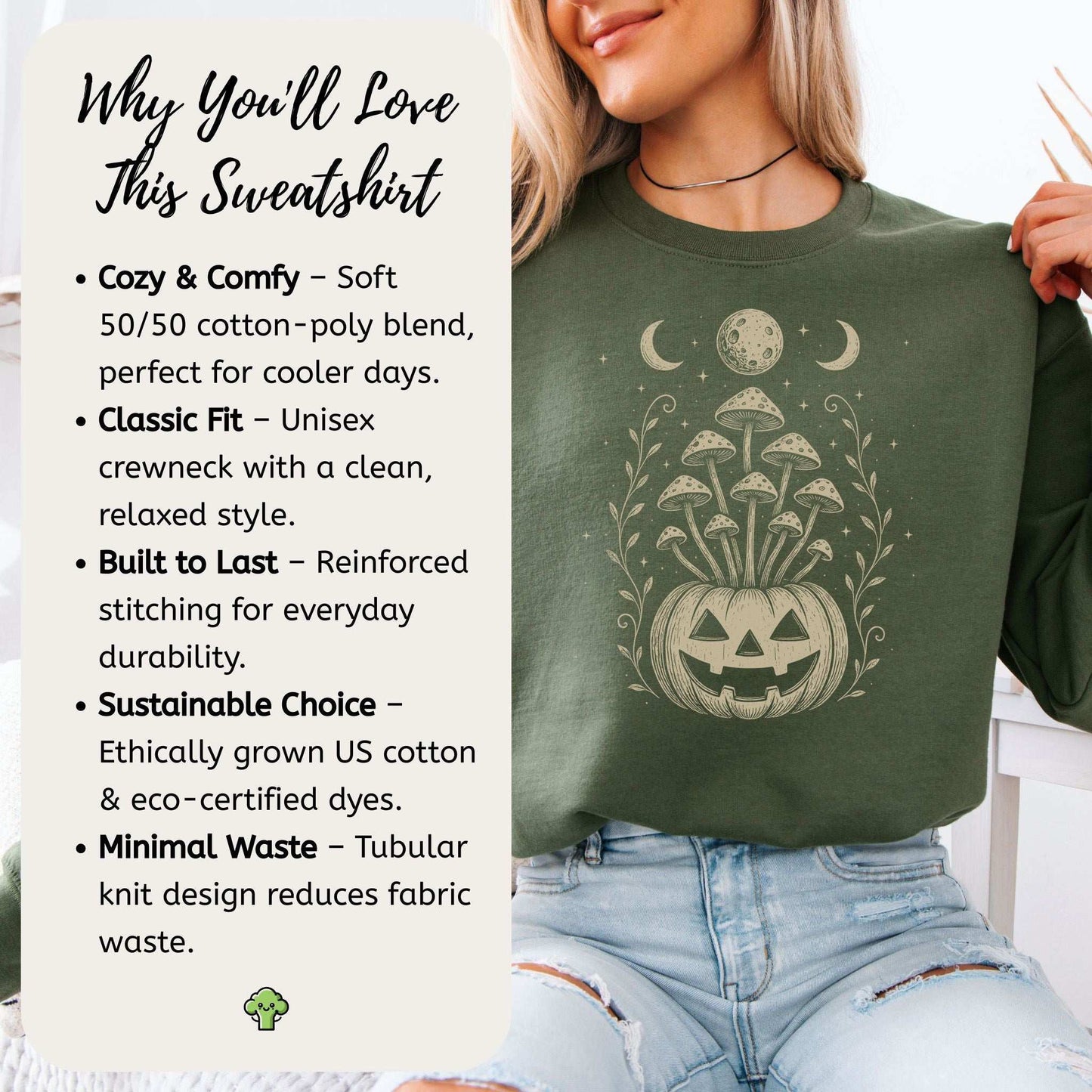 Mushroom Jack-O’-Lantern Halloween Sweatshirt – Retro Moonlit Pumpkin Magic