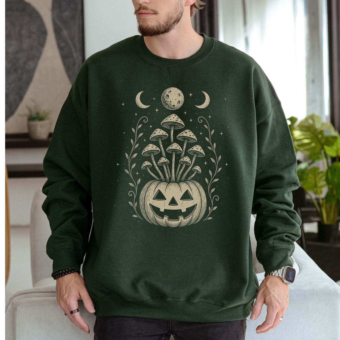 Mushroom Jack-O’-Lantern Halloween Sweatshirt – Retro Moonlit Pumpkin Magic
