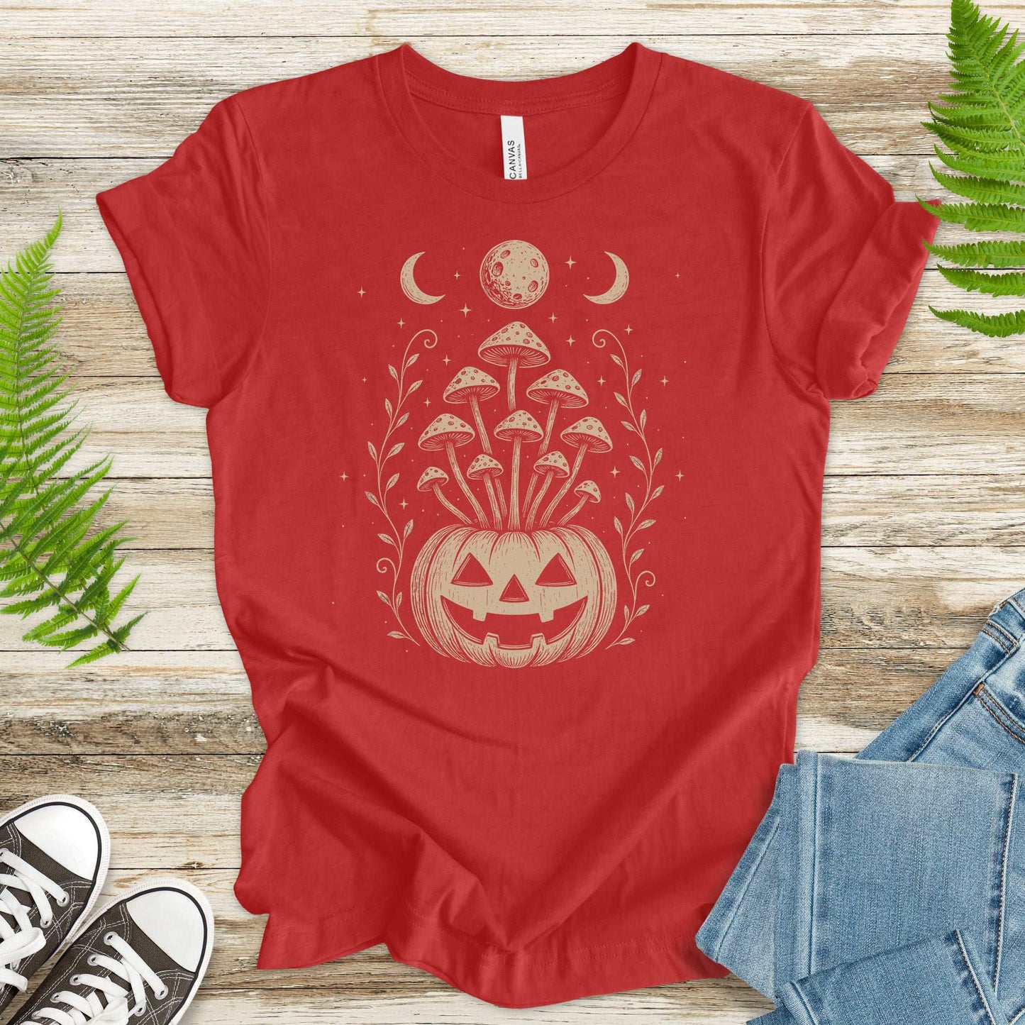 Mushroom Jack-O’-Lantern Halloween T-Shirt – Retro Moonlit Pumpkin Magic