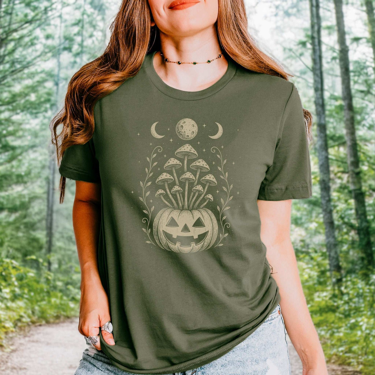 Mushroom Jack-O’-Lantern Halloween T-Shirt – Retro Moonlit Pumpkin Magic