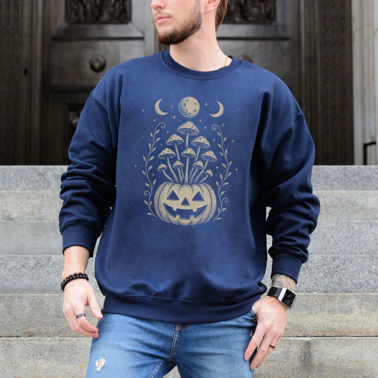 Mushroom Jack-O’-Lantern Halloween Sweatshirt – Retro Moonlit Pumpkin Magic