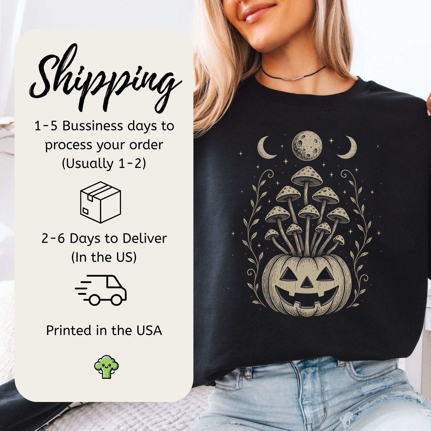 Mushroom Jack-O’-Lantern Halloween Sweatshirt – Retro Moonlit Pumpkin Magic