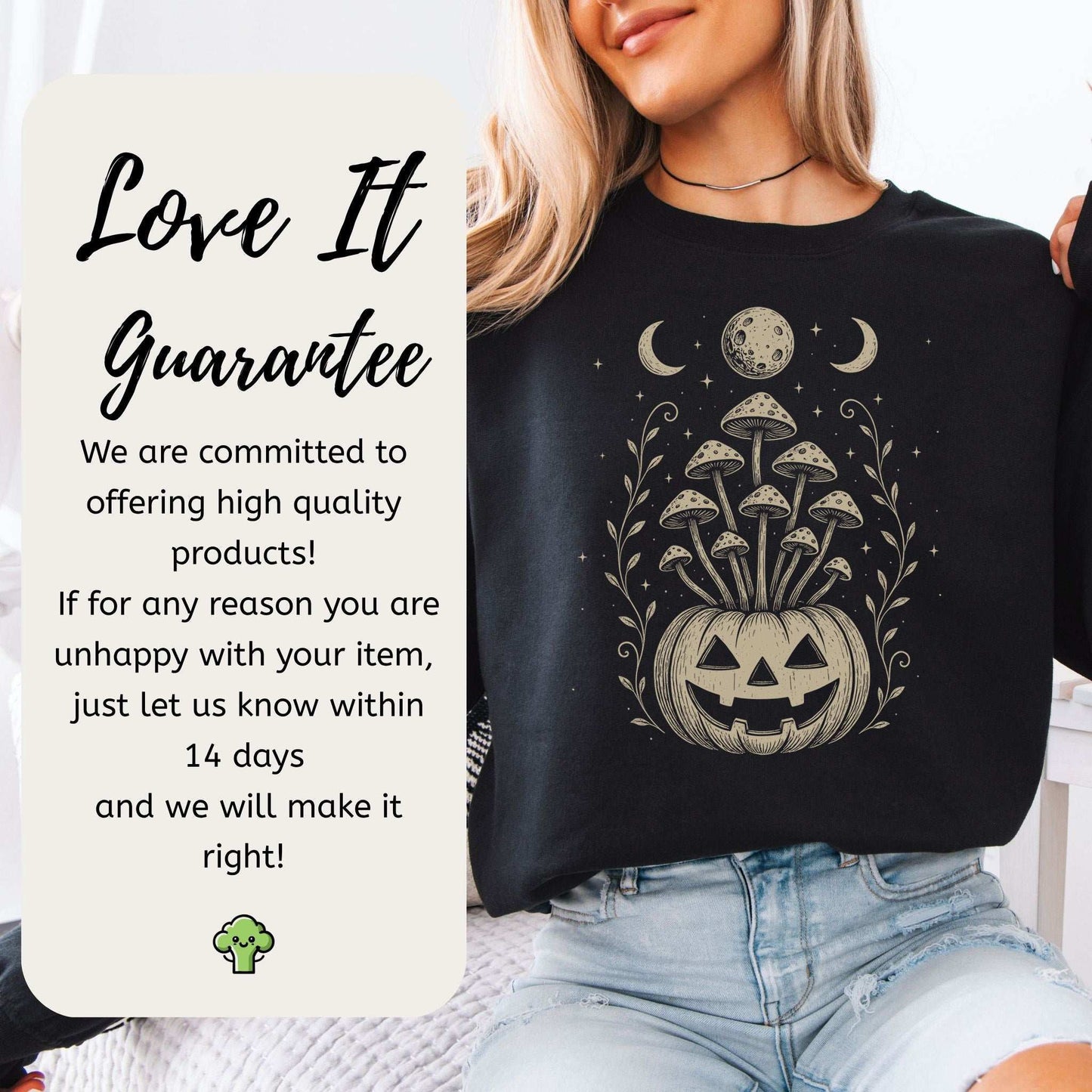 Mushroom Jack-O’-Lantern Halloween Sweatshirt – Retro Moonlit Pumpkin Magic