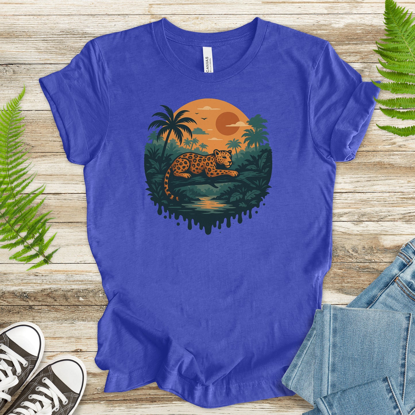 Jaguar Jungle Sunset T-Shirt – Retro Rainforest Wildlife Tee