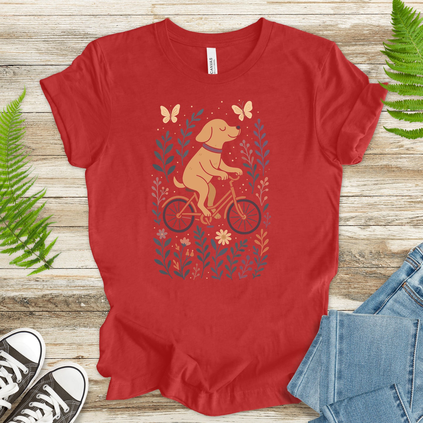 Joyful Dog on a Bike T-Shirt – Whimsical Nature & Butterfly Lover Tee