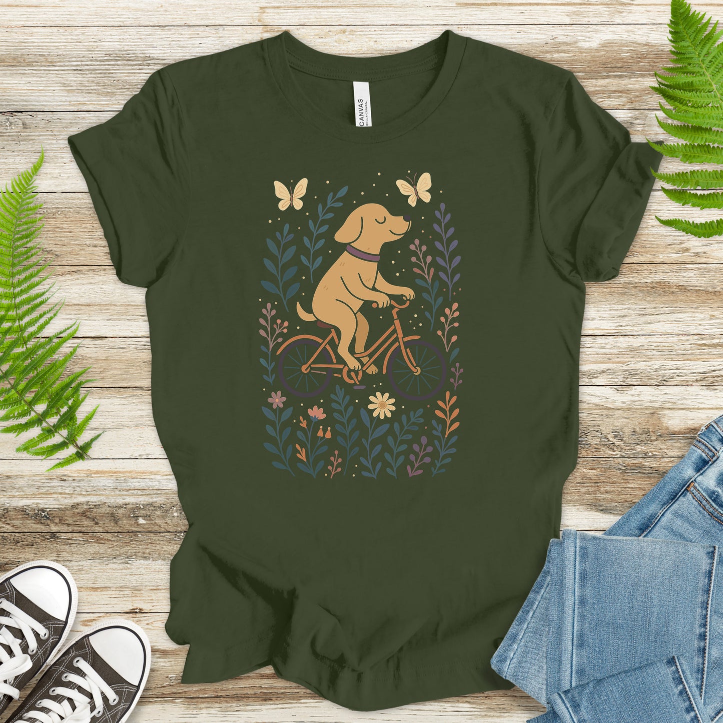 Joyful Dog on a Bike T-Shirt – Whimsical Nature & Butterfly Lover Tee