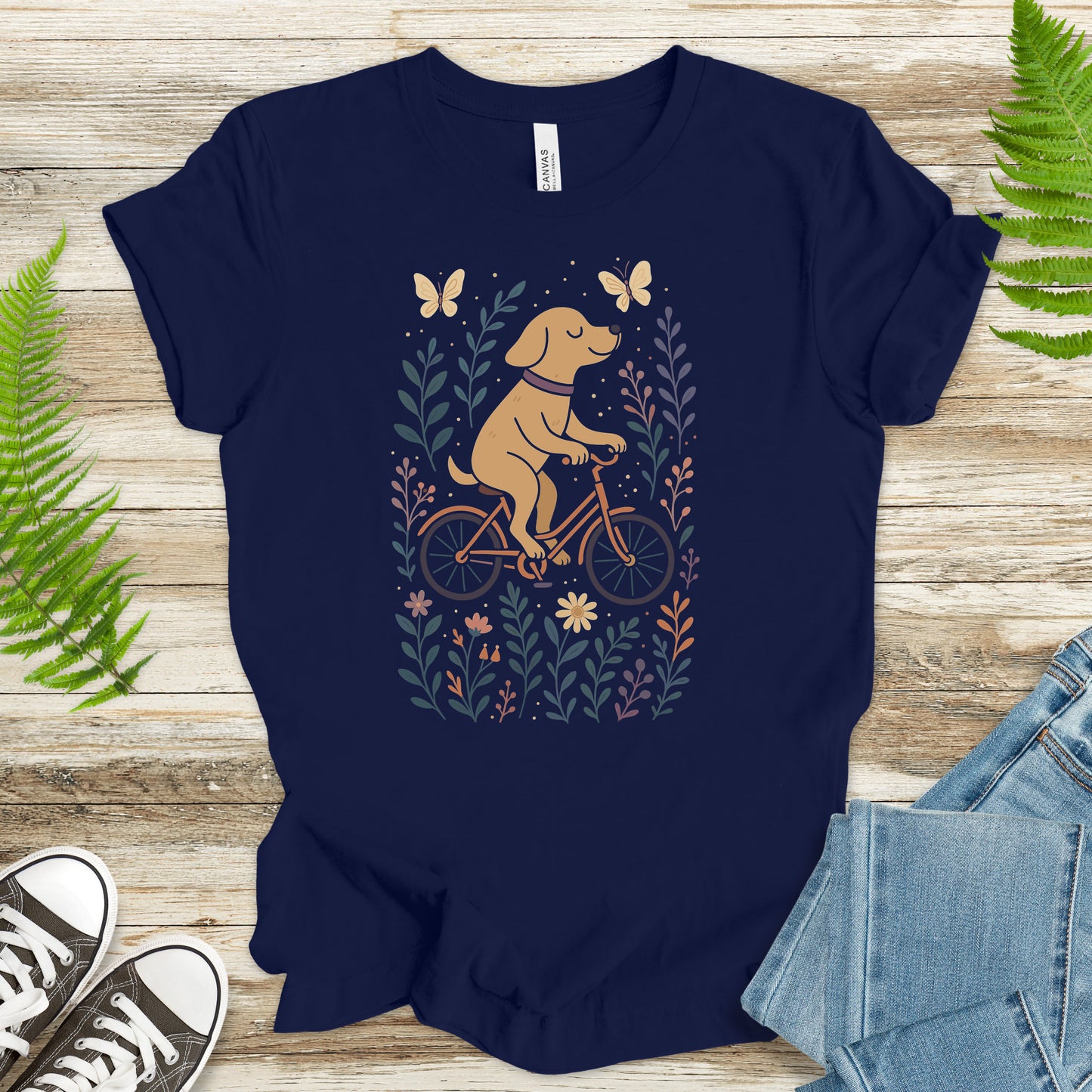 Joyful Dog on a Bike T-Shirt – Whimsical Nature & Butterfly Lover Tee