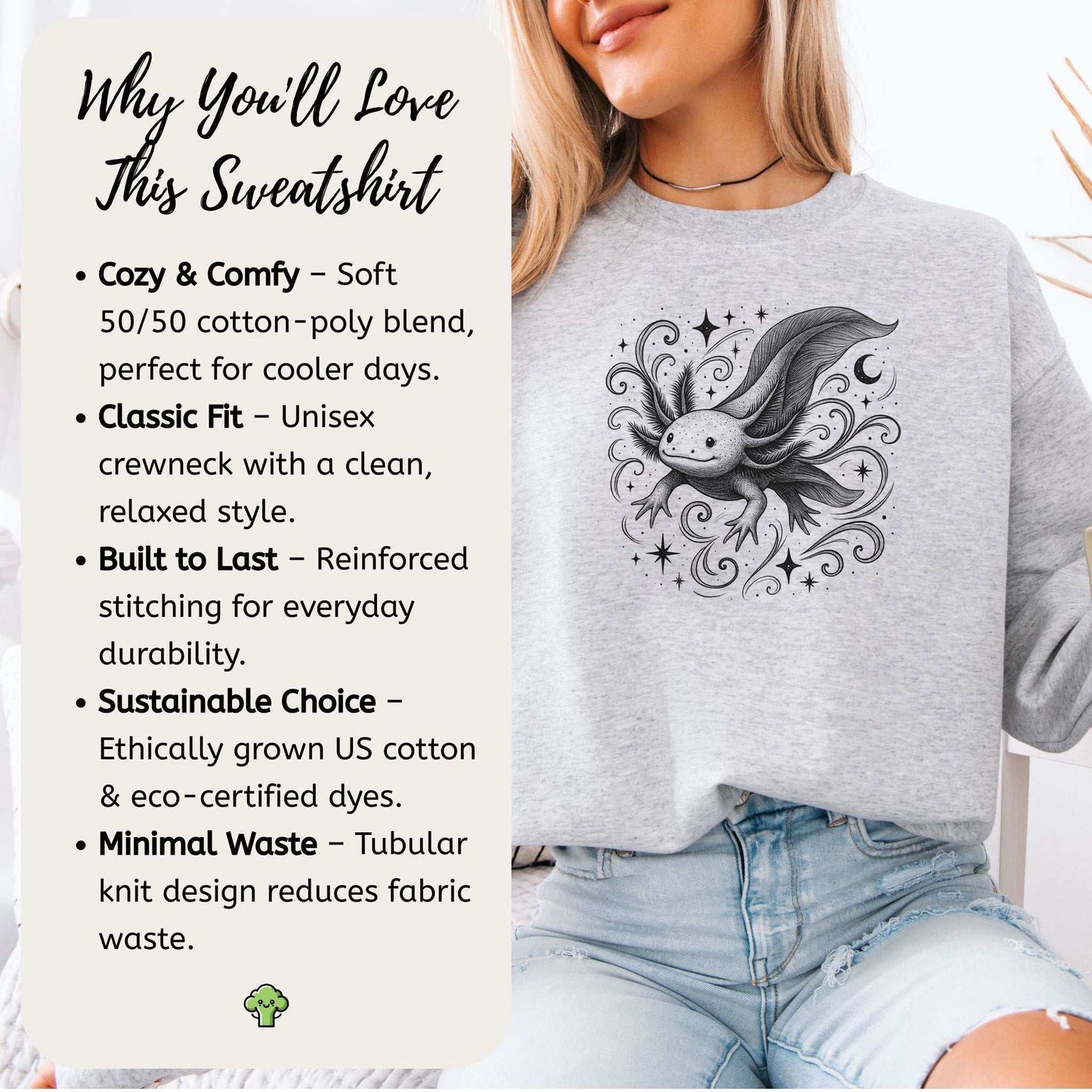 Magical Axolotl Moonlight Sweatshirt – Celestial Sea Creature Gift