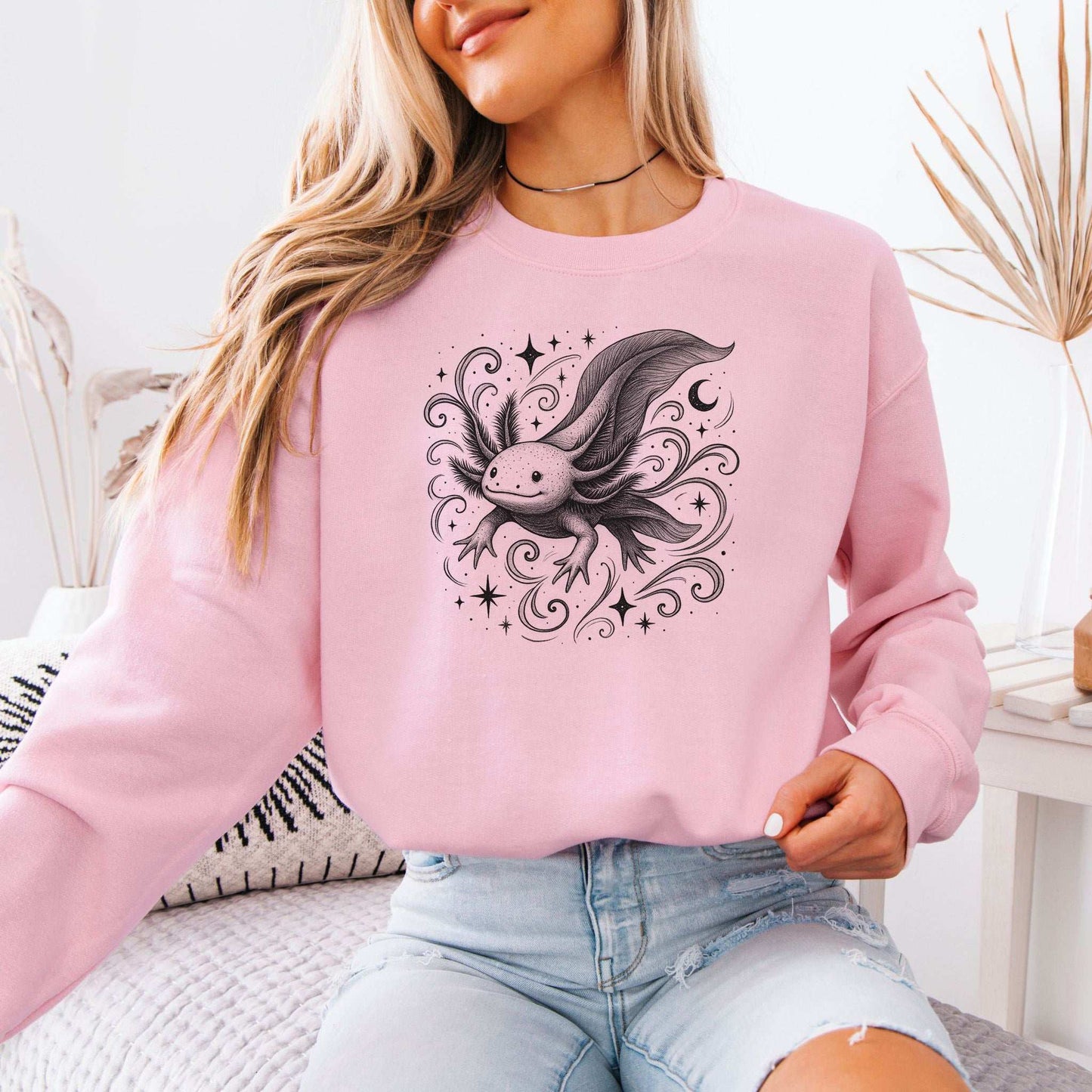 Magical Axolotl Moonlight Sweatshirt – Celestial Sea Creature Gift