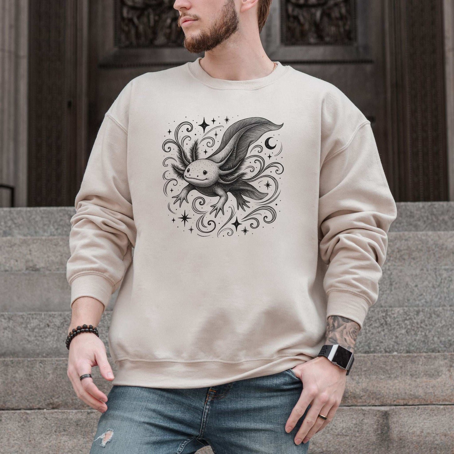 Magical Axolotl Moonlight Sweatshirt – Celestial Sea Creature Gift